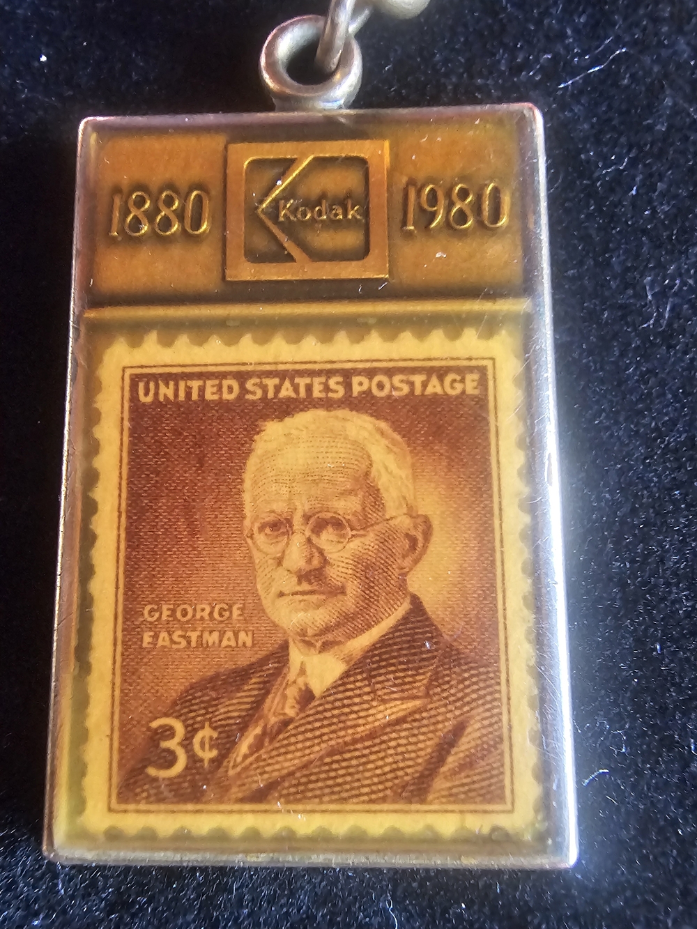 Kodak Gold-Tone George Eastman Stamp Pendant Keychain in Brown Vintage 1980